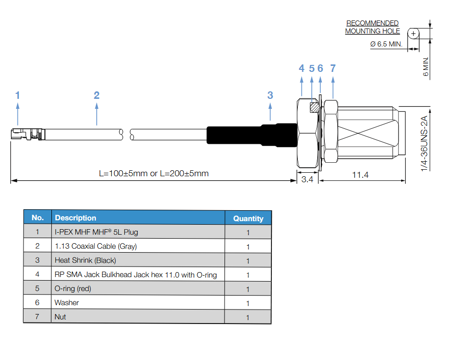 Mechanical Drawing - Siretta MHF5 Pigtail RF Cable Assemblies